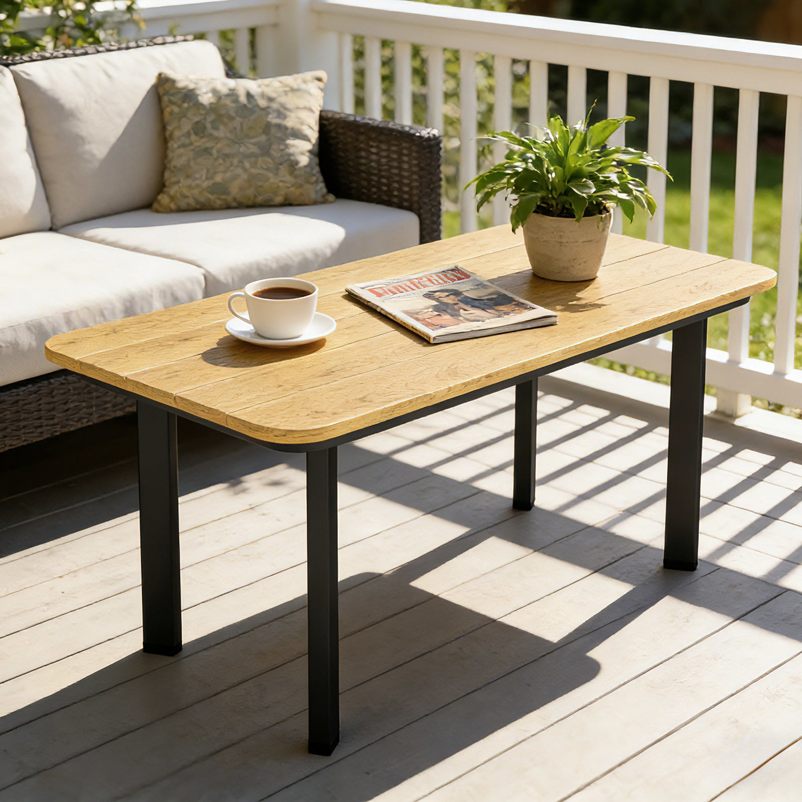 Outdoor Garden Coffee Table, Garden Table with Slatted Wood Plastic Co