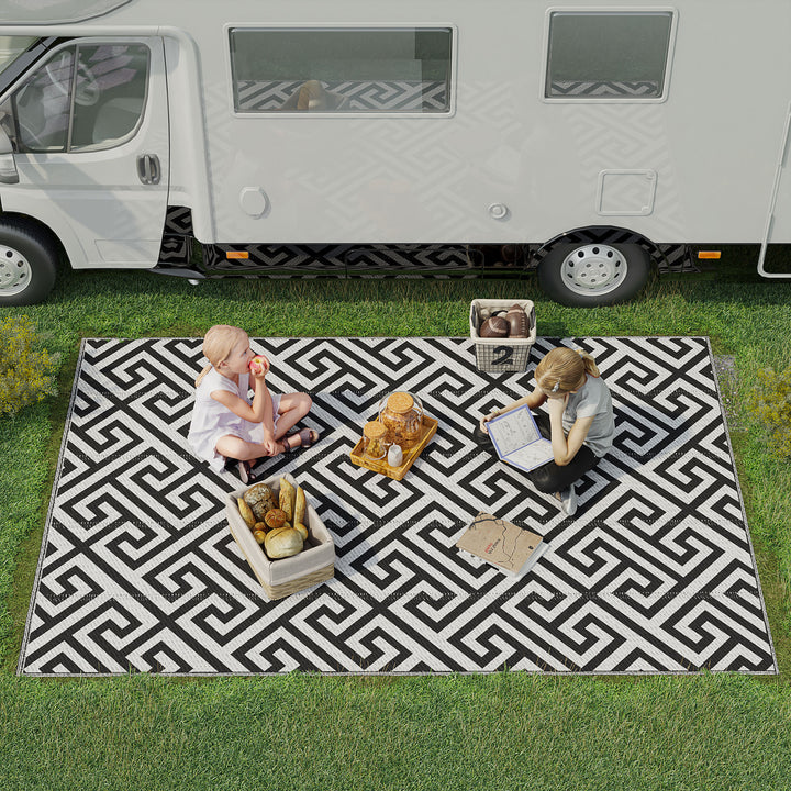 182 x 274 cm(6x9ft) Outdoor Rug Reversible Mat Plastic Straw Rug Portable RV Camping Mat for Garden Deck Picnic Indoor, Black & White