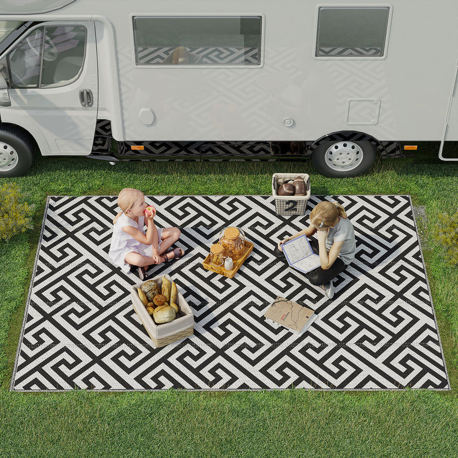 182 x 274 cm(6x9ft) Outdoor Rug Reversible Mat Plastic Straw Rug Portable RV Camping Mat for Garden Deck Picnic Indoor, Black & White