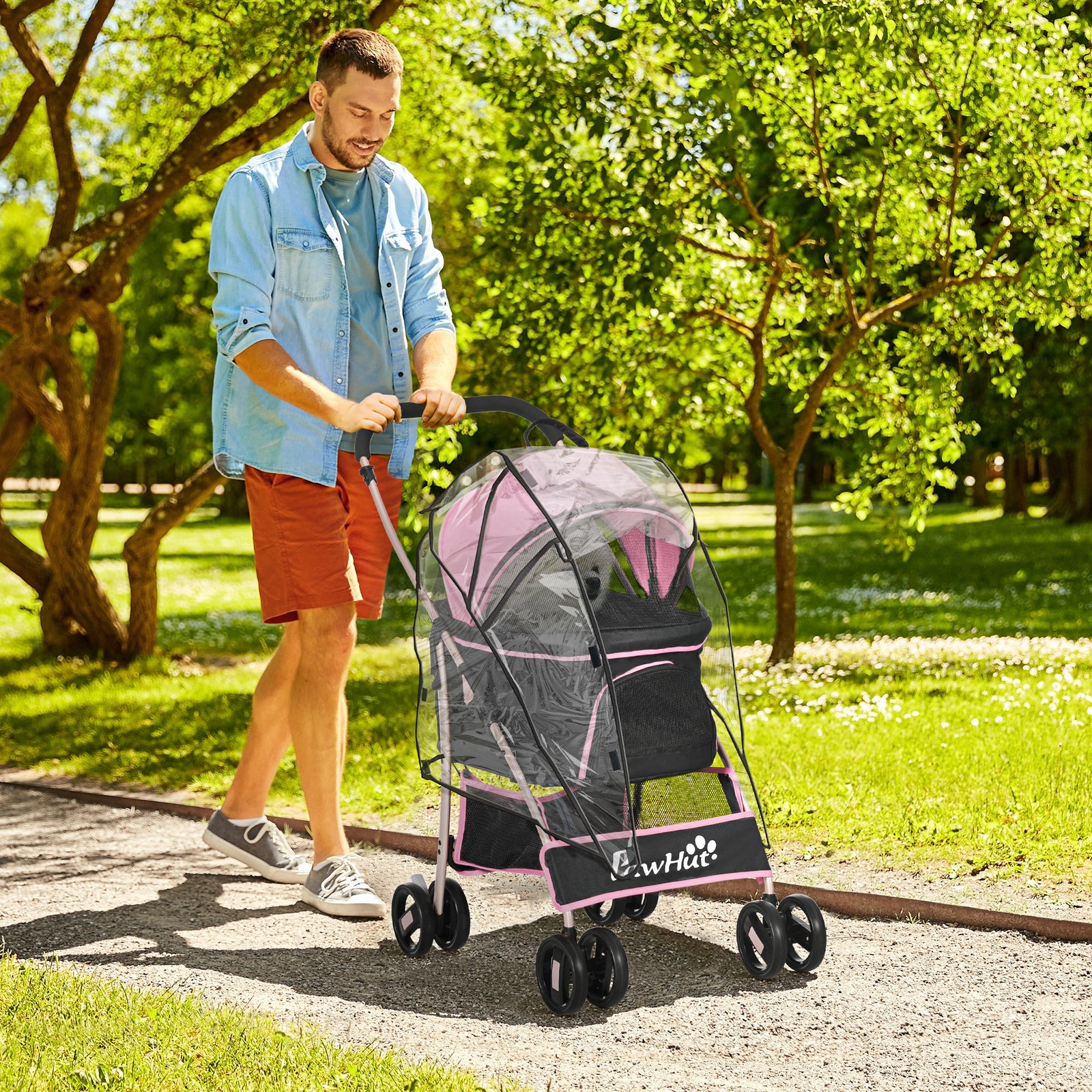 Detachable Pet Stroller with Rain Cover, 3 In 1 Cat Dog Pushchair, Foldable Carrying Bag w/ Universal Wheels, Brake, Canopy, Basket, Storage Bag for Small and Tiny Dogs - Pink