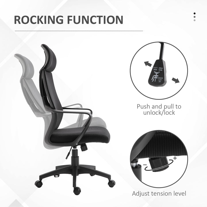 Ergonomic Office Chair, High Back Computer Chair, Mesh Desk Chair with Lumbar Support, Headrest, Wheel, Adjustable Height, Black