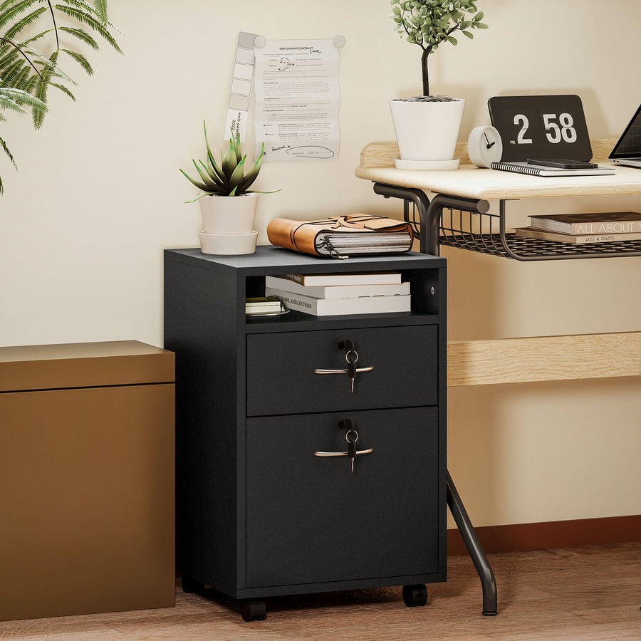 60cm Filing Cabinet with Drawer, Open Shelf, Metal Handles and 4 Wheels, Office Home Organiser Mobile Printer with Two Locks, Black