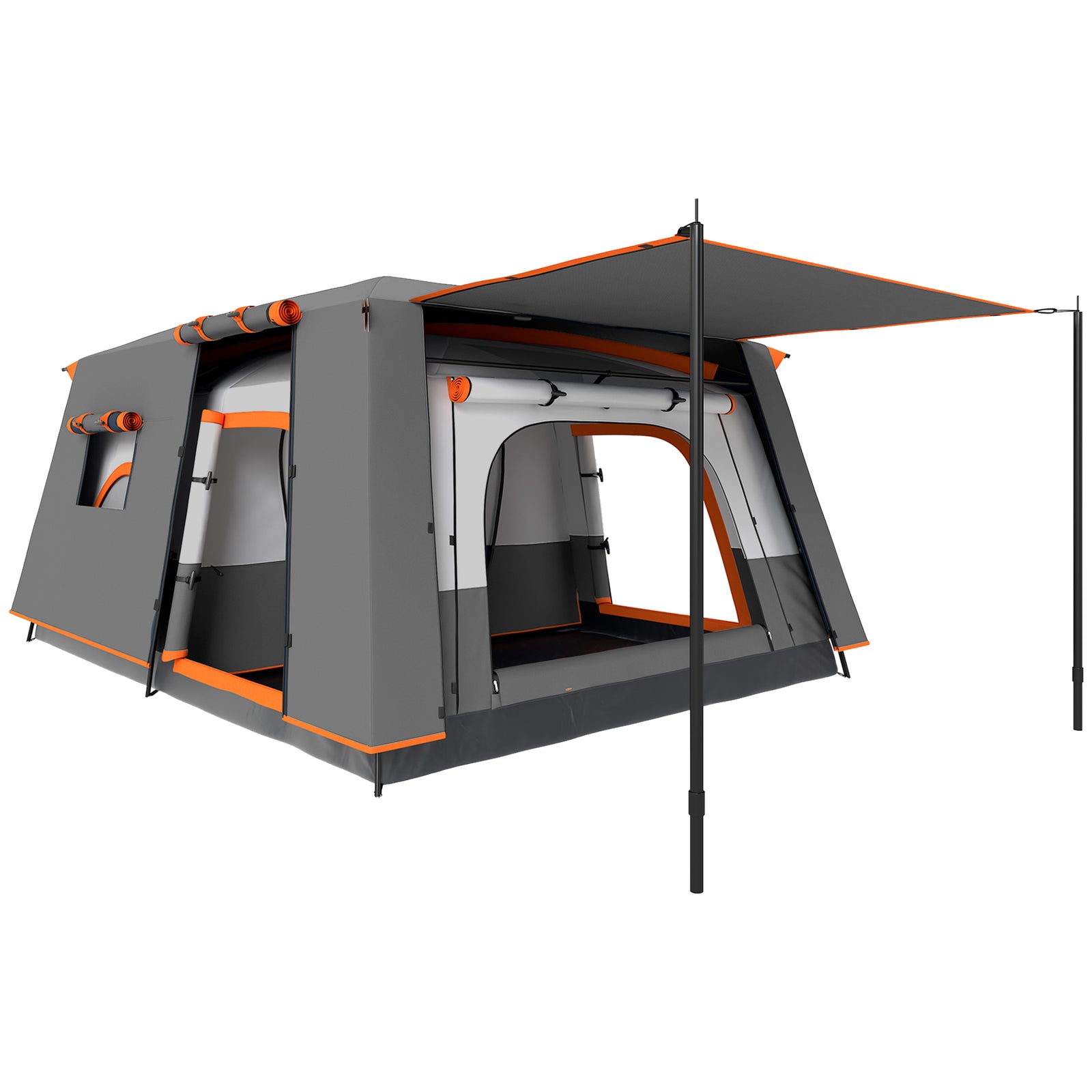 4-6 Man Camping Tent, Double Layer Tunnel Tent with Porch, Living Area and 2 Bedrooms, Sewn in Groundsheet, 3000mm Waterproof and UPF 30+, Portable with Bag, Grey