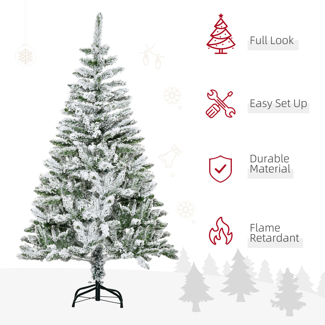 HOMCOM 5 Foot Snow Flocked Artificial Christmas Tree Xmas Pine Tree with 358 Realistic Branches, Auto Open and Steel Base, Green | Aosom UK