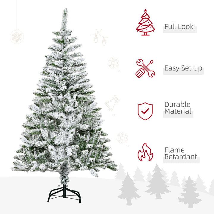 HOMCOM 5 Foot Snow Flocked Artificial Christmas Tree Xmas Pine Tree with 358 Realistic Branches, Auto Open and Steel Base, Green | Aosom UK