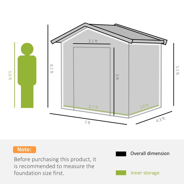 Outsunny 7ft x 4ft Lockable Garden Shed Large Patio Roofed Tool Metal Storage Building Foundation Sheds Box Outdoor Furniture, Green