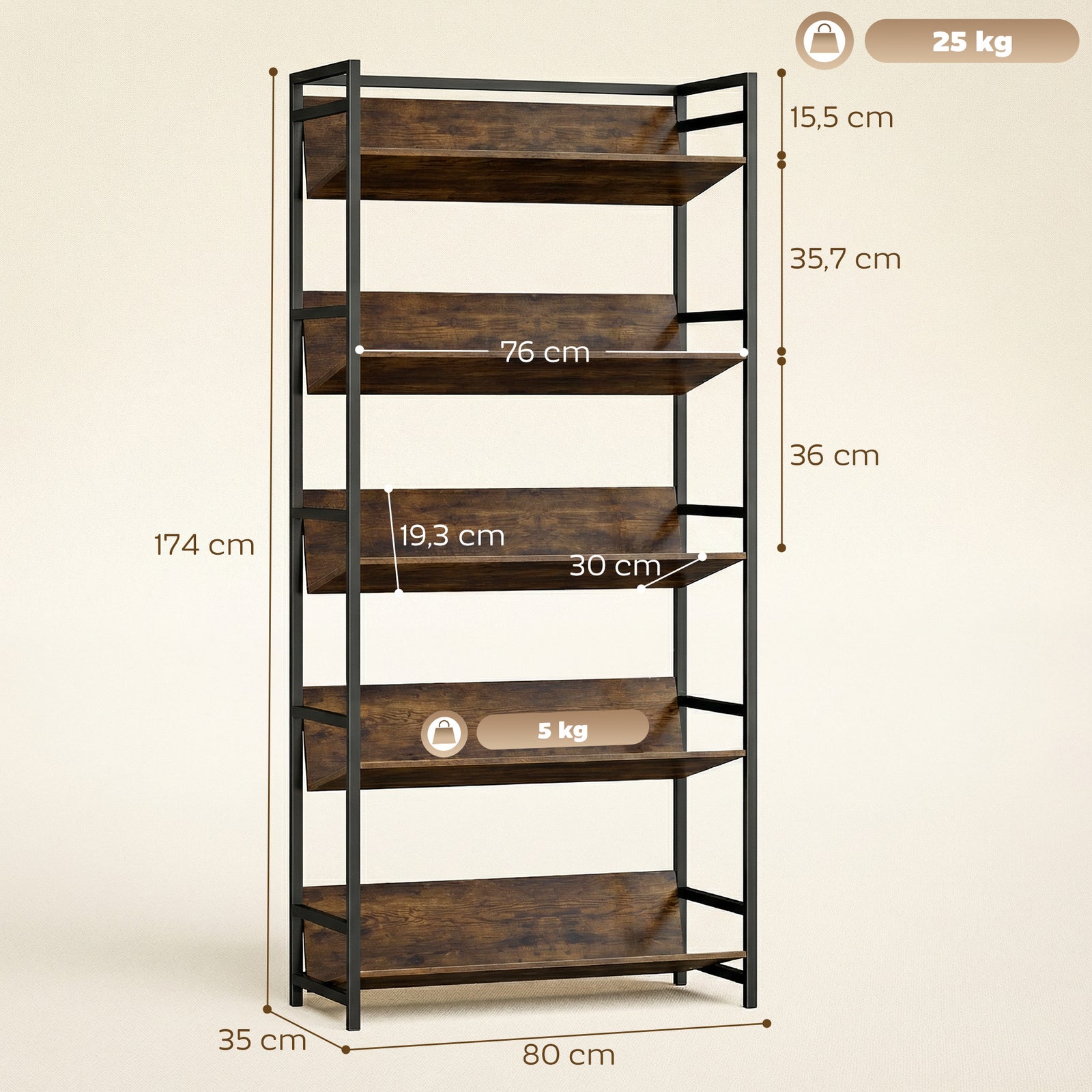 Bookshelf 5-Tier Metal Frame Room Divider Bookcase Storage Shelves for