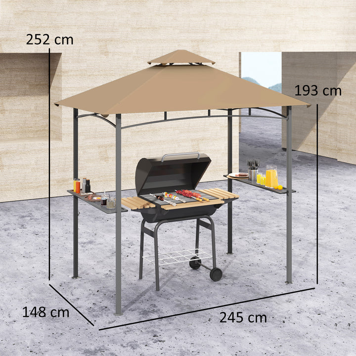 2.5x1.5m (8'x5') Grill Gazebo Canopy, Double Tiered Outdoor BBQ Gazebo Shelter with 2 Side Shelves for Garden, Patio, Barbecue, Picnic, Khaki