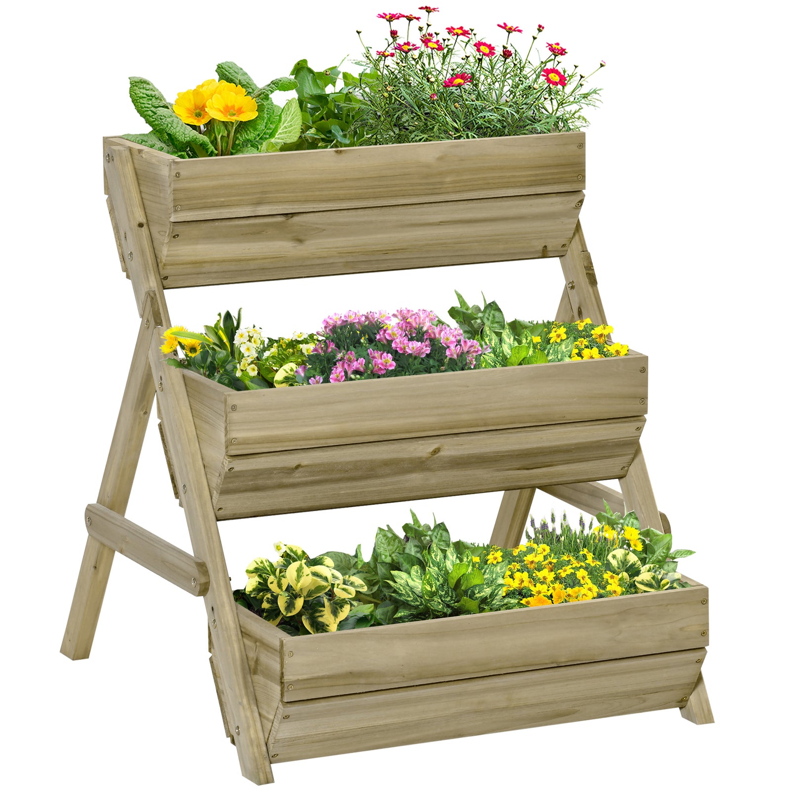 3 Tier Raised Garden Bed Wooden Elevated Planter Box Kit, 66L for Flower, Vegetable, Herb, 65x75x78cm, Green