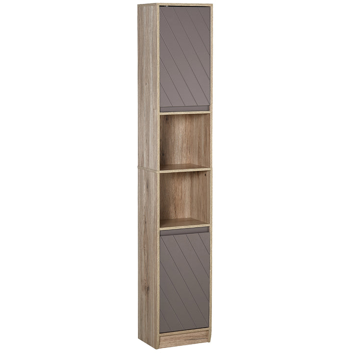 HOMCOM Tall Bathroom Cabinet, Freestanding Bathroom Storage Cabinet with 2 Cupboards 2 Compartments, Anti-Tipping Elevated Base, Grey and Oak Brown