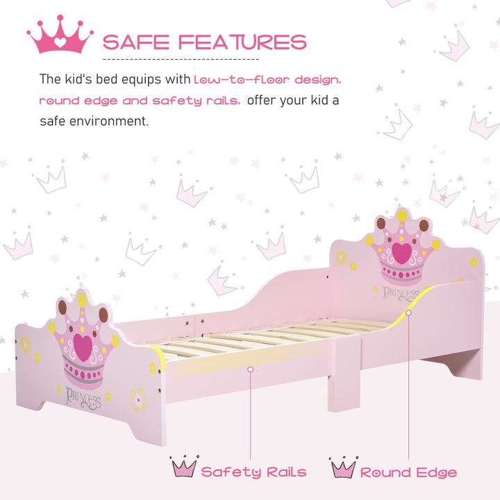 MCL Kids Toddler Bed Princess Crown Theme Safety Side Rails Slats Home Bedroom Furniture Boys Girls 3-6 Yrs Pink 143 x 73 x 60 cm