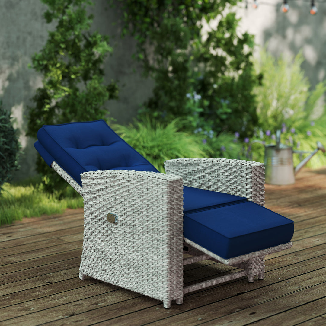 4 Piece Rattan Garden Furniture Set Outdoor Sofa Sectional Set with Glass Top Table for Poolside, Navy Blue