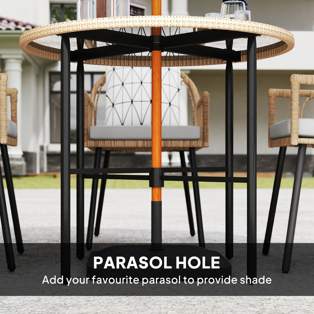 5 Piece Patio Rattan Dining Set, Wicker Garden Table and Chairs w/ Removable Seat & Back Cushions, Round Tempered Glass Tabletop, Parasol Hole, Outdoor Furniture Conservatory Set, Light Brown