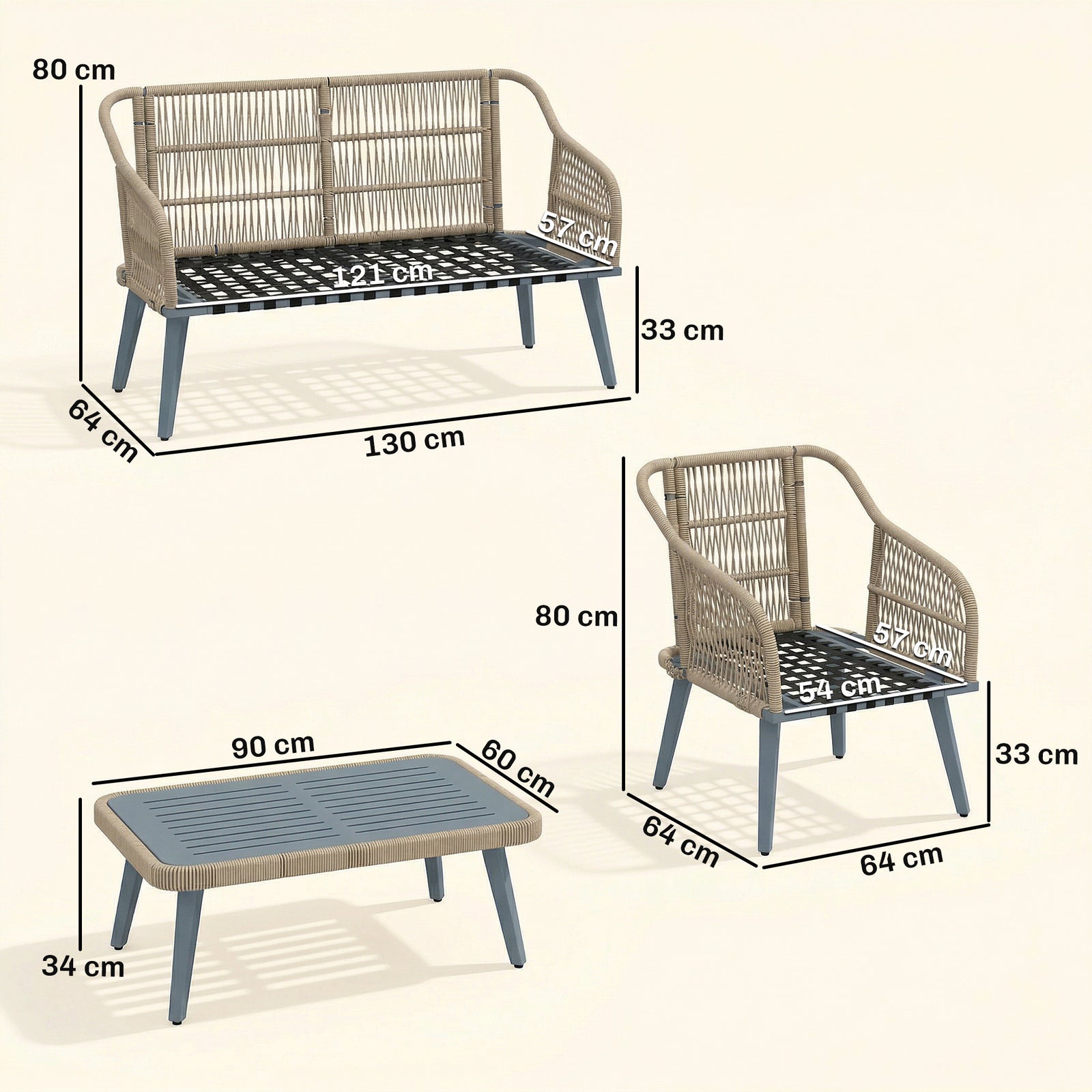4 Piece Rattan Garden Furniture Set with Loveseat, Wicker Patio Conver