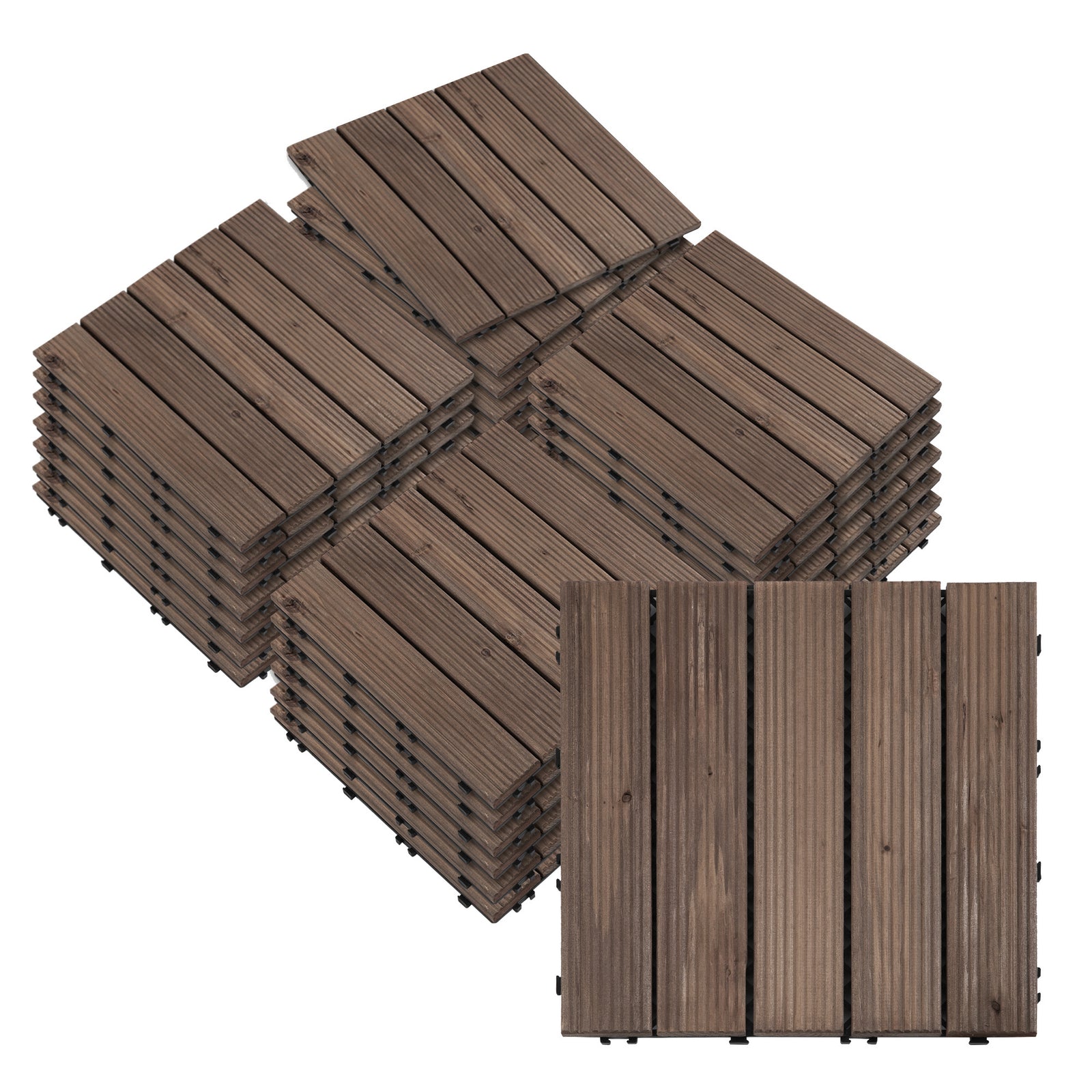 27 Pcs Solid Wood Interlocking Decking Tiles For Patio, Balcony, Roof Terrace, Hot Tub, Black, (30 x 30 cm Per Piece)
