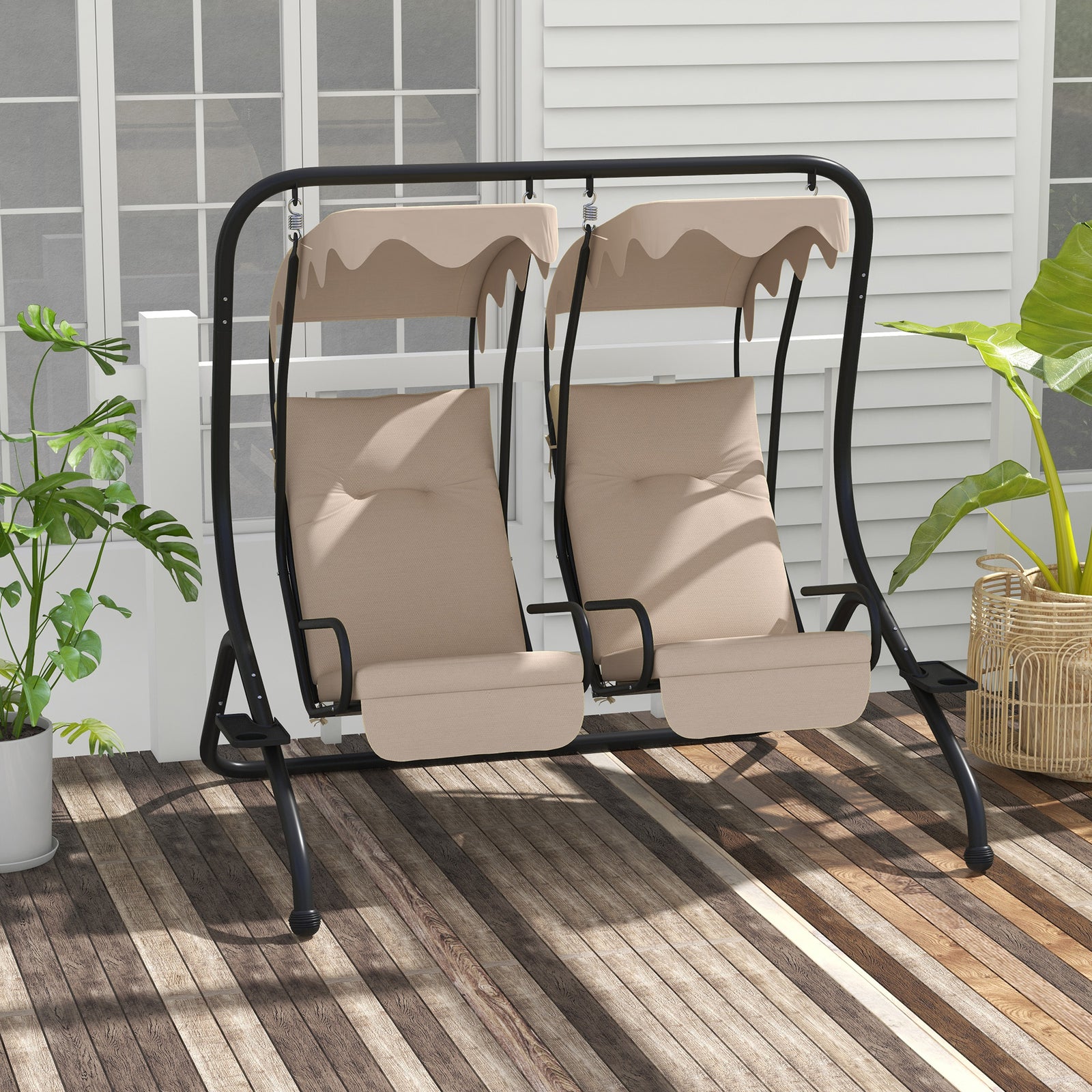 Two-Seat Garden Swing Chair, with Protective Canopy - Beige