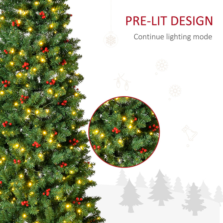 HOMCOM 7FT Prelit Artificial Pencil Christmas Tree with Warm White LED Light, Red Berry, Holiday Home Xmas Decoration, Green | Aosom UK