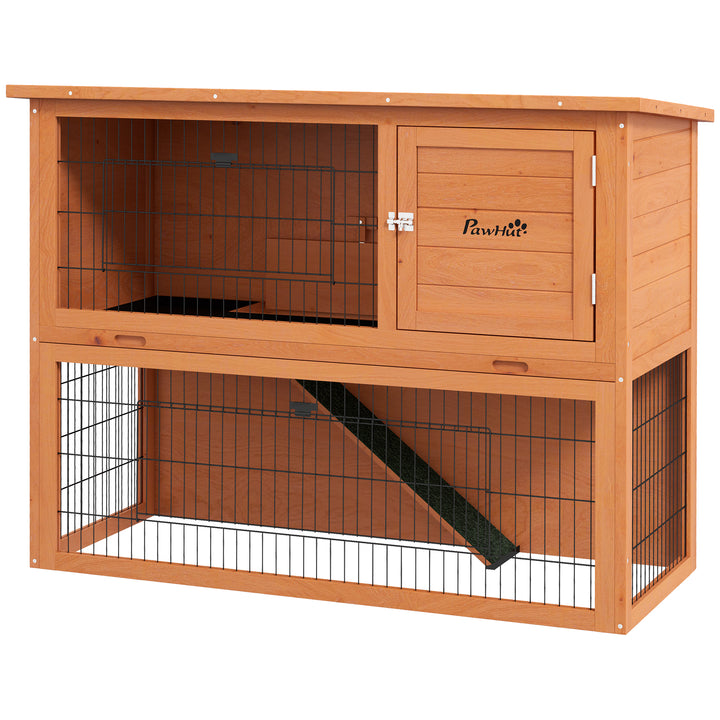 PawHut 2 Tier Antiseptic Wood Rabbit Hutch with Run Outdoor 92cm Orange | Aosom UK