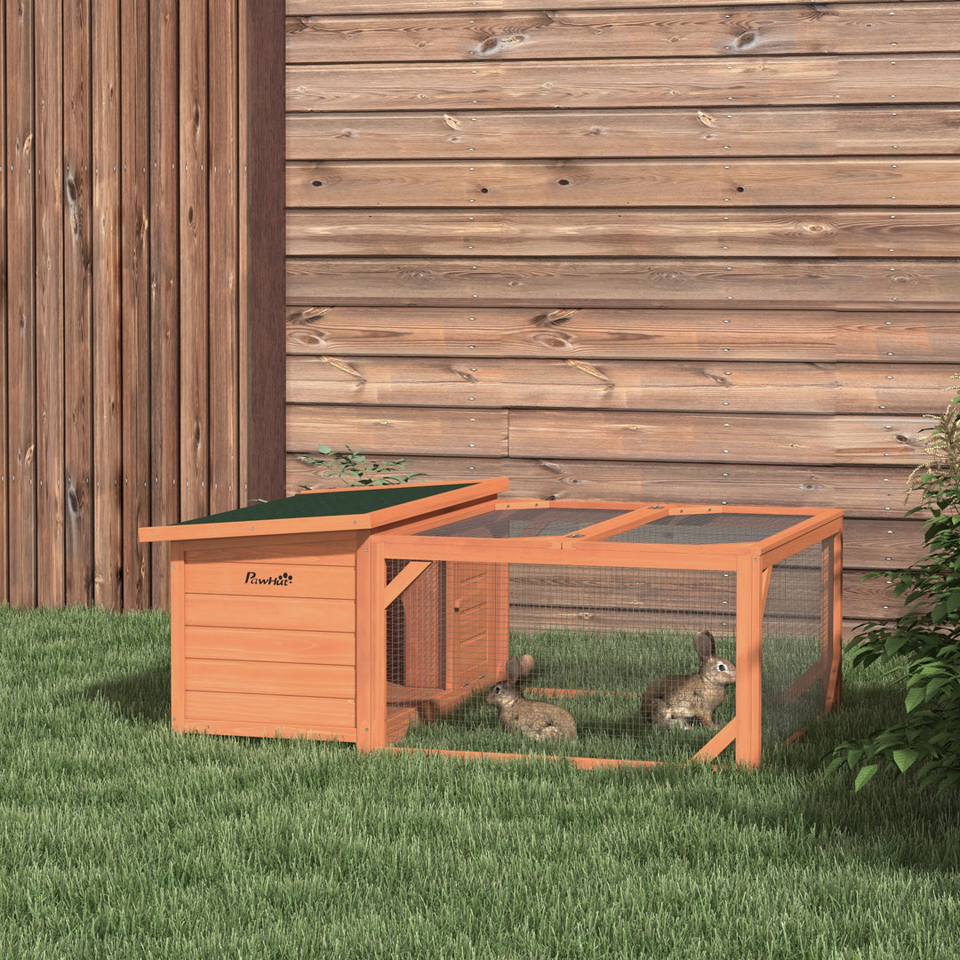 PawHut Rabbit Hutch Small Animal Guinea Pig House Off-ground Ferret Bunny Cage Backyard with Openable Main House & Run Roof 125.5 x 100 x 49cm Orange