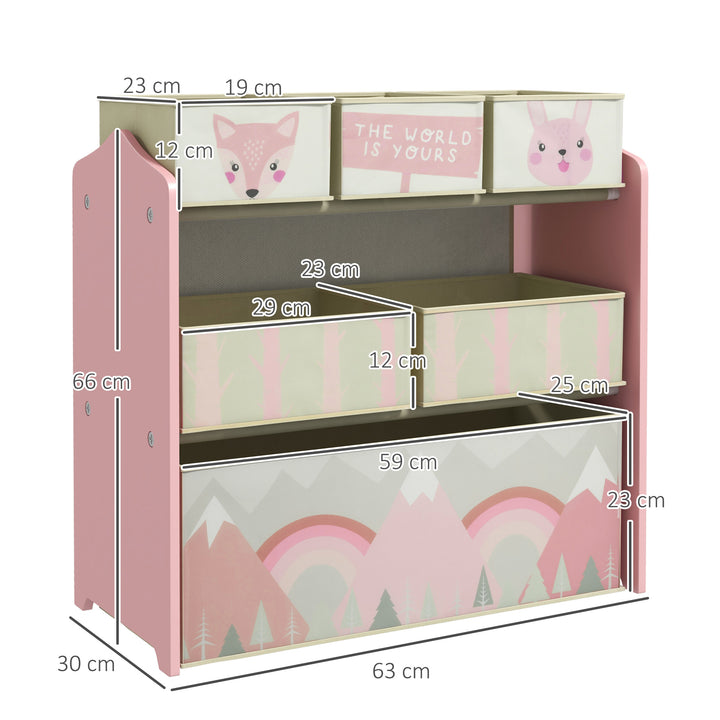 ZONEKIZ Children's Toy Storage Unit with 6 Fabric Bins, Bedroom and Nursery Organiser, 63 x 30 x 66cm, Pink | Aosom UK