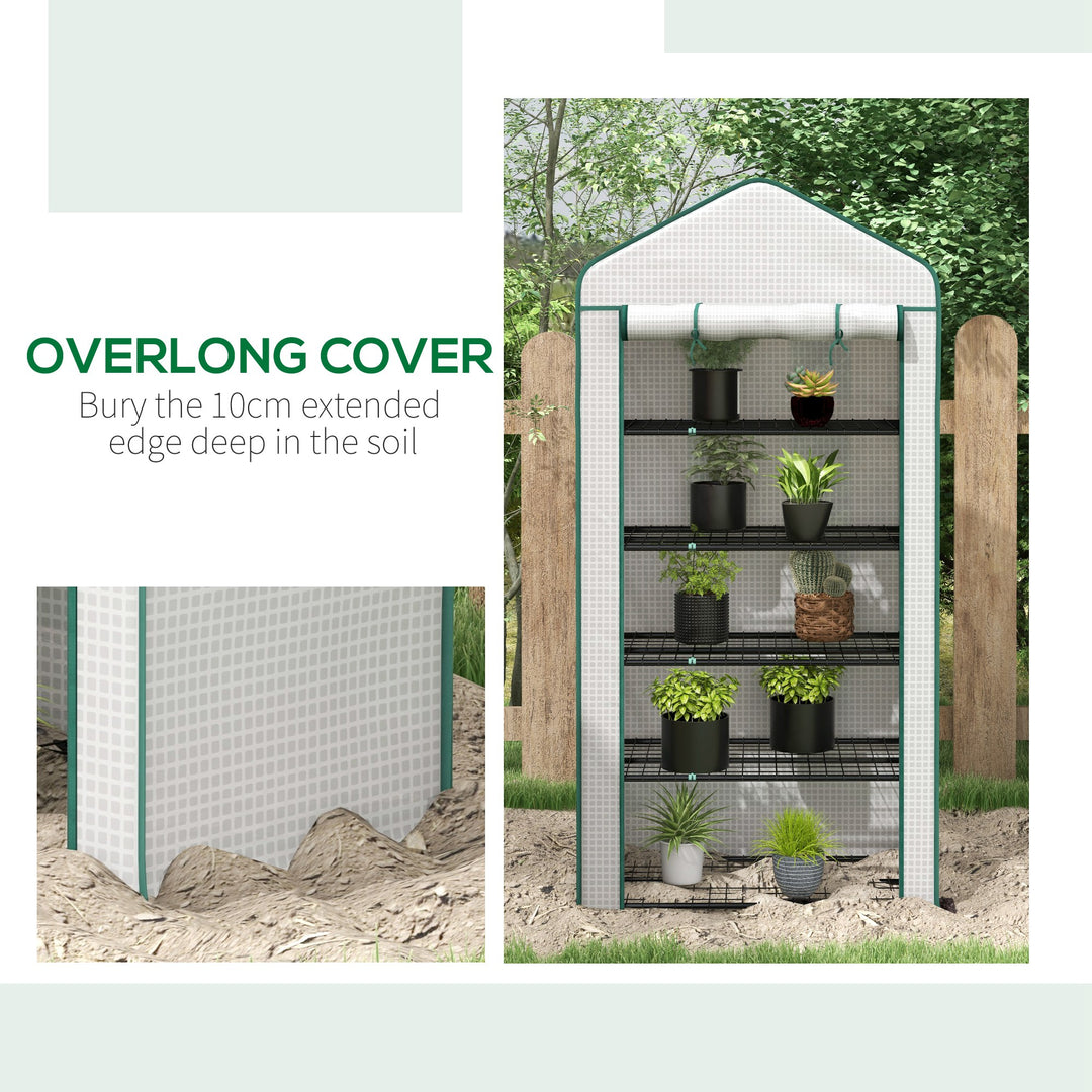 5 Tier Widened Mini Greenhouse with Reinforced PE Cover, Portable Indoor Outdoor Green House with Roll-up Door and Wire Shelves, 193H x 90W x 49Dcm, White