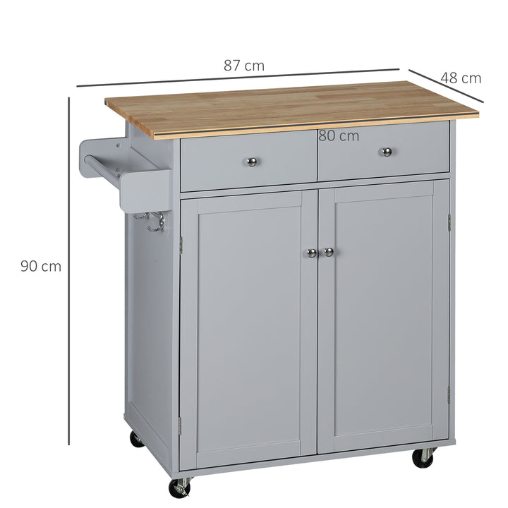 HOMCOM Rolling Kitchen Island on Wheels, Utility Serving Cart with Rubber Wood Top, Towel Rack, Hooks and Storage Drawers, Grey