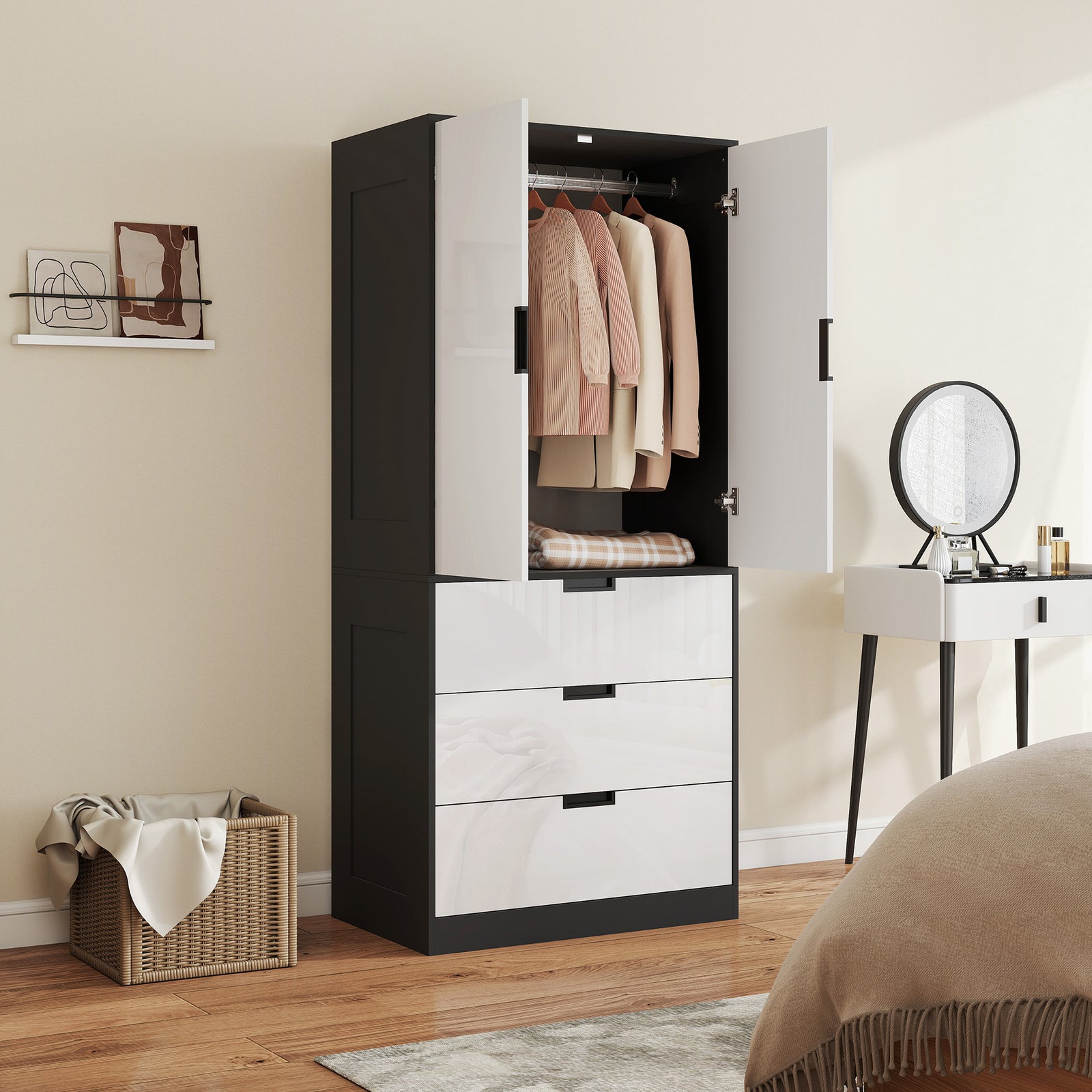 2 Door Wardrobe, Modern Wardrobe with 3 Drawers and Hanging Rod for Bedroom, High Gloss White