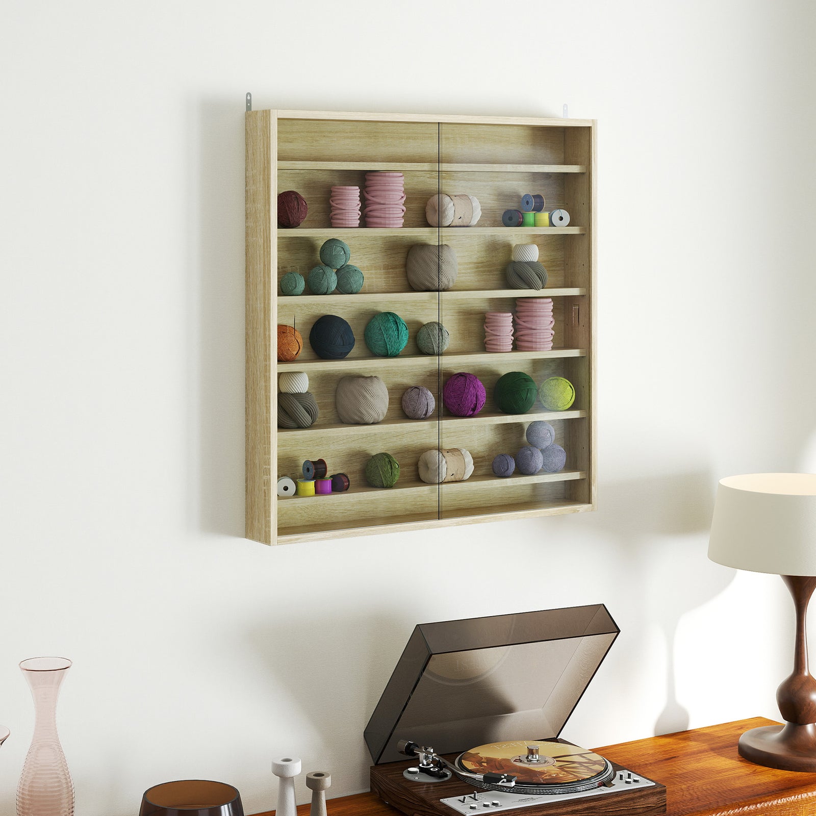 Six Shelf Display Cabinet, with Glass Doors - Oak