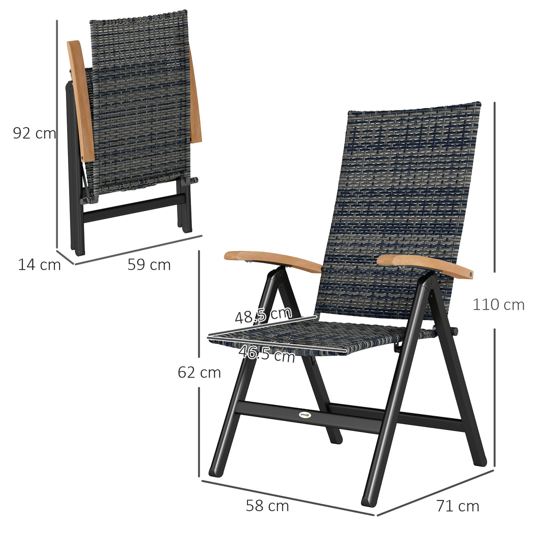 2 Pieces Folding Rattan Garden Dining Chairs with 5-level Reclining High Back, Wood Armrests for Outdoor - Mixed-grey
