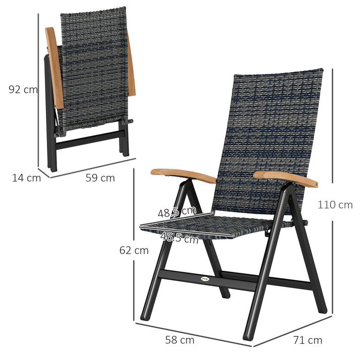 2 Pieces Folding Rattan Garden Dining Chairs with 5-level Reclining High Back, Wood Armrests for Outdoor - Mixed-grey