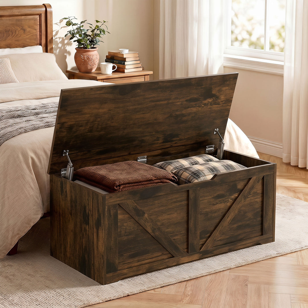 127L Home Storage Box, with Safety Hinges - Rustic Brown Wood-Effect