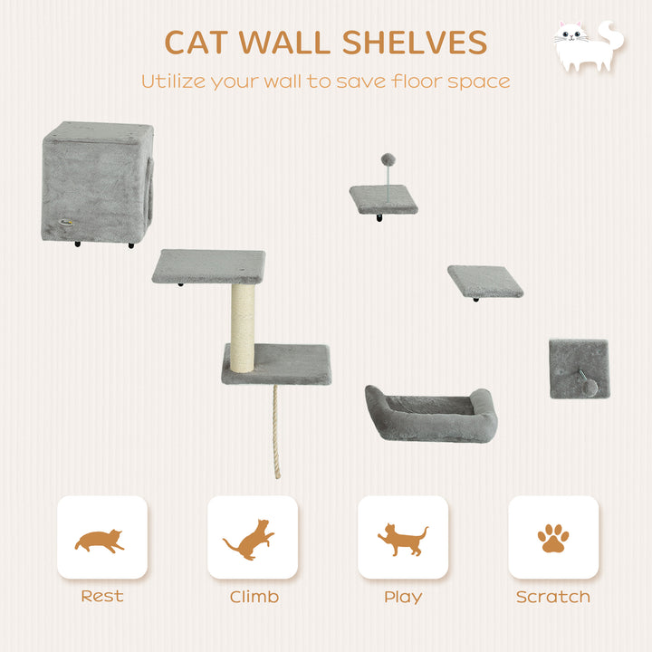 6-Piece Cat Wall Shelves Set with Condo, Cat Wall Furniture with Platforms, Sisal Scratching Post, Bed, Toy Ball, Grey
