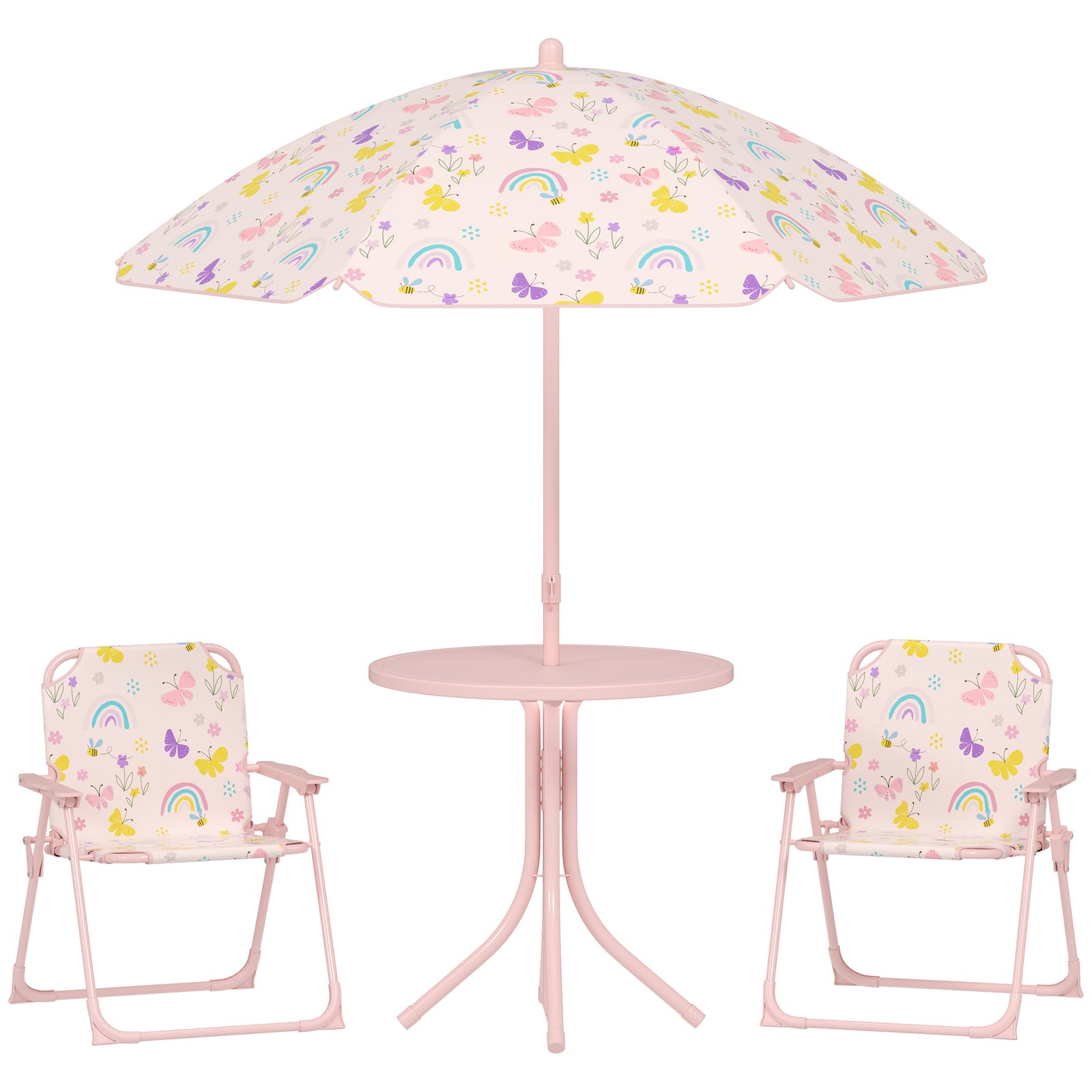 AIYAPLAY 4-Piece Kids Garden Table and Chair Set with Adjustable Parasol, Folding Chairs, Table, Rainbow Pattern, Pink