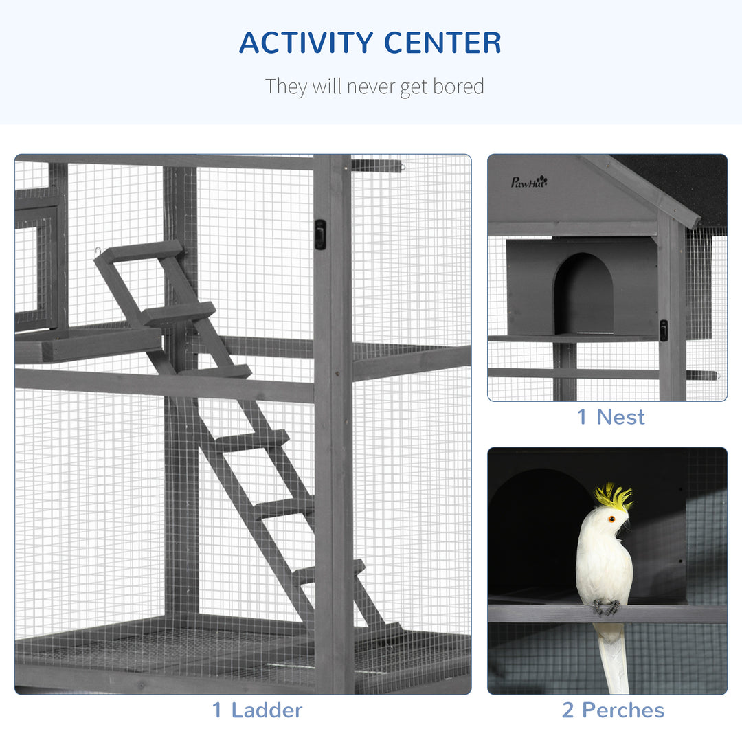 Bird Cage budgie cage Wooden Outdoor Aviary with Wheels for Canary Finch with Asphalt Roof Perch Nest Ladder Slide-out Tray, Grey