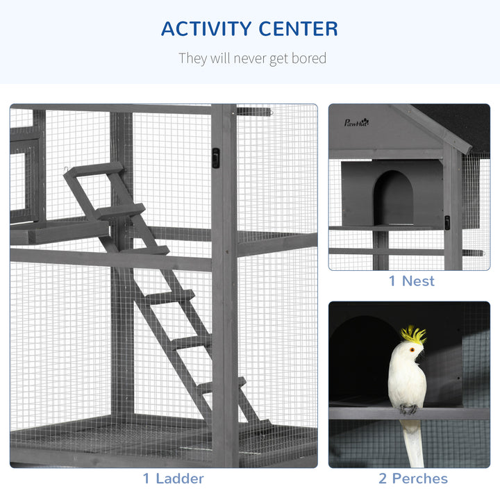 Bird Cage budgie cage Wooden Outdoor Aviary with Wheels for Canary Finch with Asphalt Roof Perch Nest Ladder Slide-out Tray, Grey