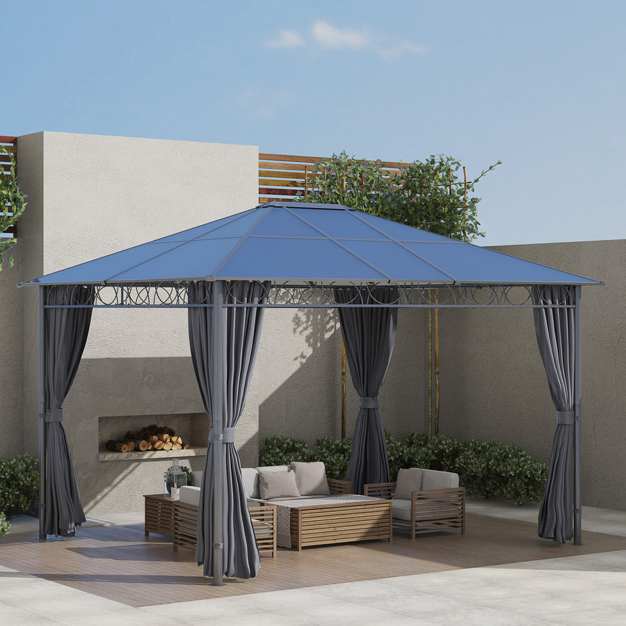 3 x 3.6m Hardtop Gazebo Canopy with Polycarbonate Roof, Permanent Pavilion Garden Gazebo with Curtains for Patio, Deck, Grey