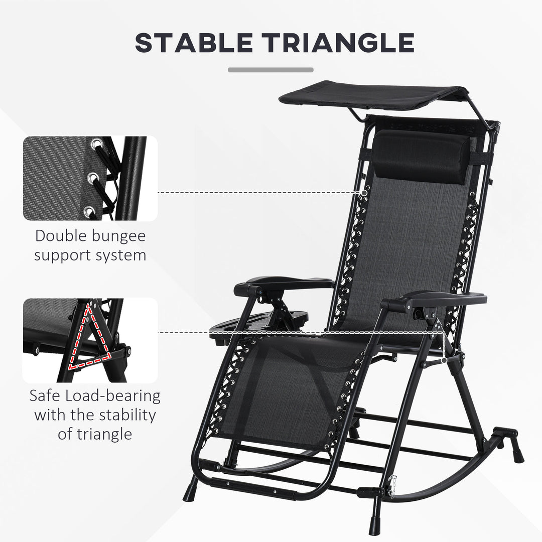 MCL Garden Rocking Chair Folding Recliner Outdoor Adjustable Sun Lounger Rocker Zero-Gravity Seat with Headrest Side Holder Patio Deck - Black