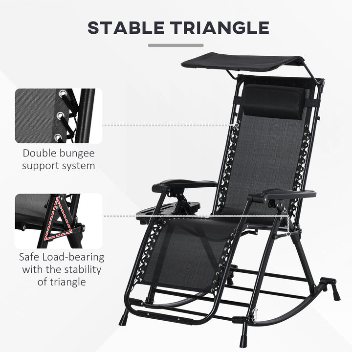 MCL Garden Rocking Chair Folding Recliner Outdoor Adjustable Sun Lounger Rocker Zero-Gravity Seat with Headrest Side Holder Patio Deck - Black