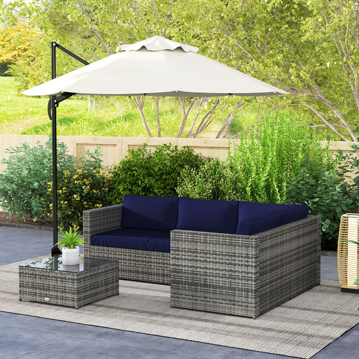 3 Pieces PE Rattan Garden Furniture Set with 10 cm Thick Cushions, 4 Seater Garden Corner Sofa Set with Glass Top Coffee Table, Outdoor Furniture for Patio, Porch, Blue