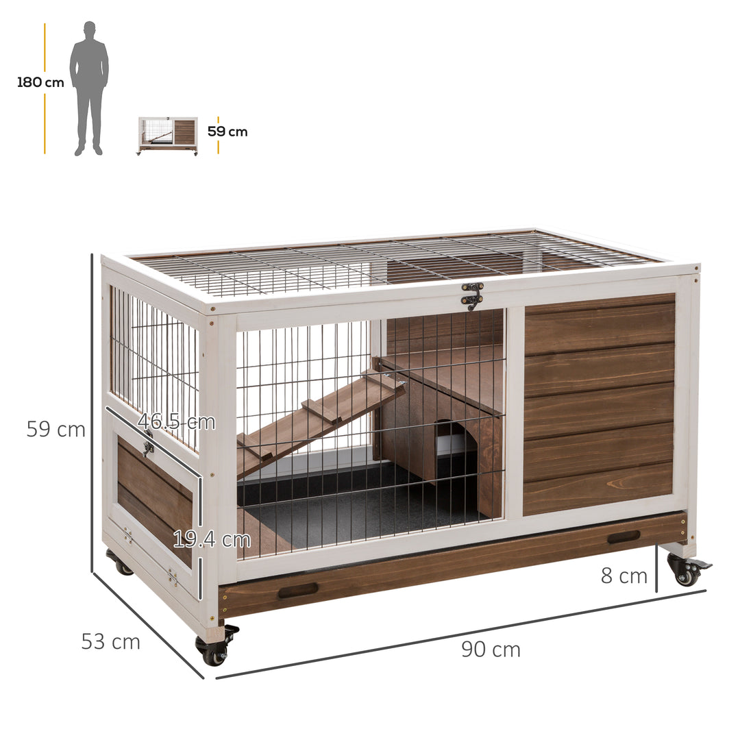 Wooden Guinea Pig Hutch, 2-Floor Bunny Cage w/ Enclosed Run Area, Brown