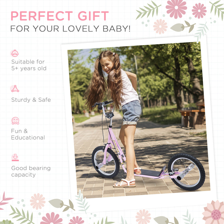Stunt Scooter, Kids Scooter with 16" Big Wheels, Adjustable Height, Dual Brakes, for Ages 5+ Years, Pink