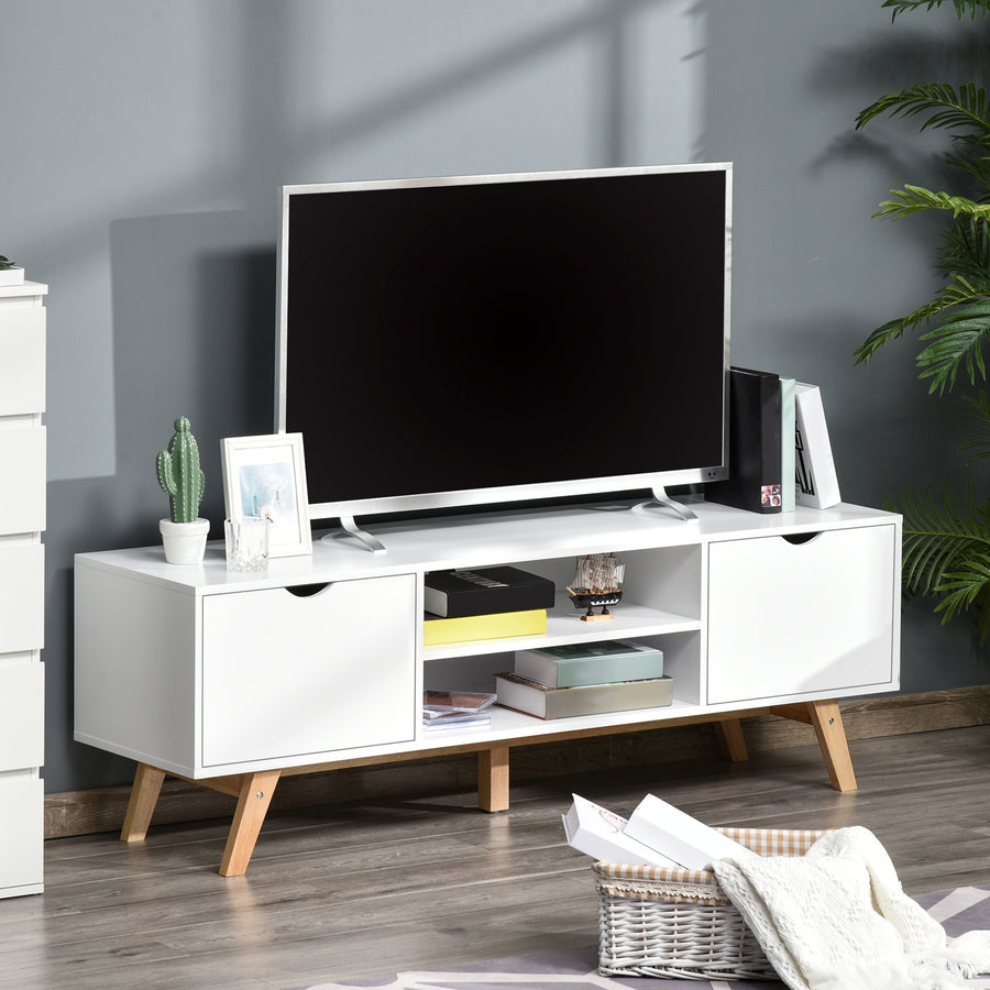 TV Stand Cabinet for TVs up to 65", Media Unit w/Wood Legs Storage Shelves Entertainment Center Modern Living Room Home Furniture White