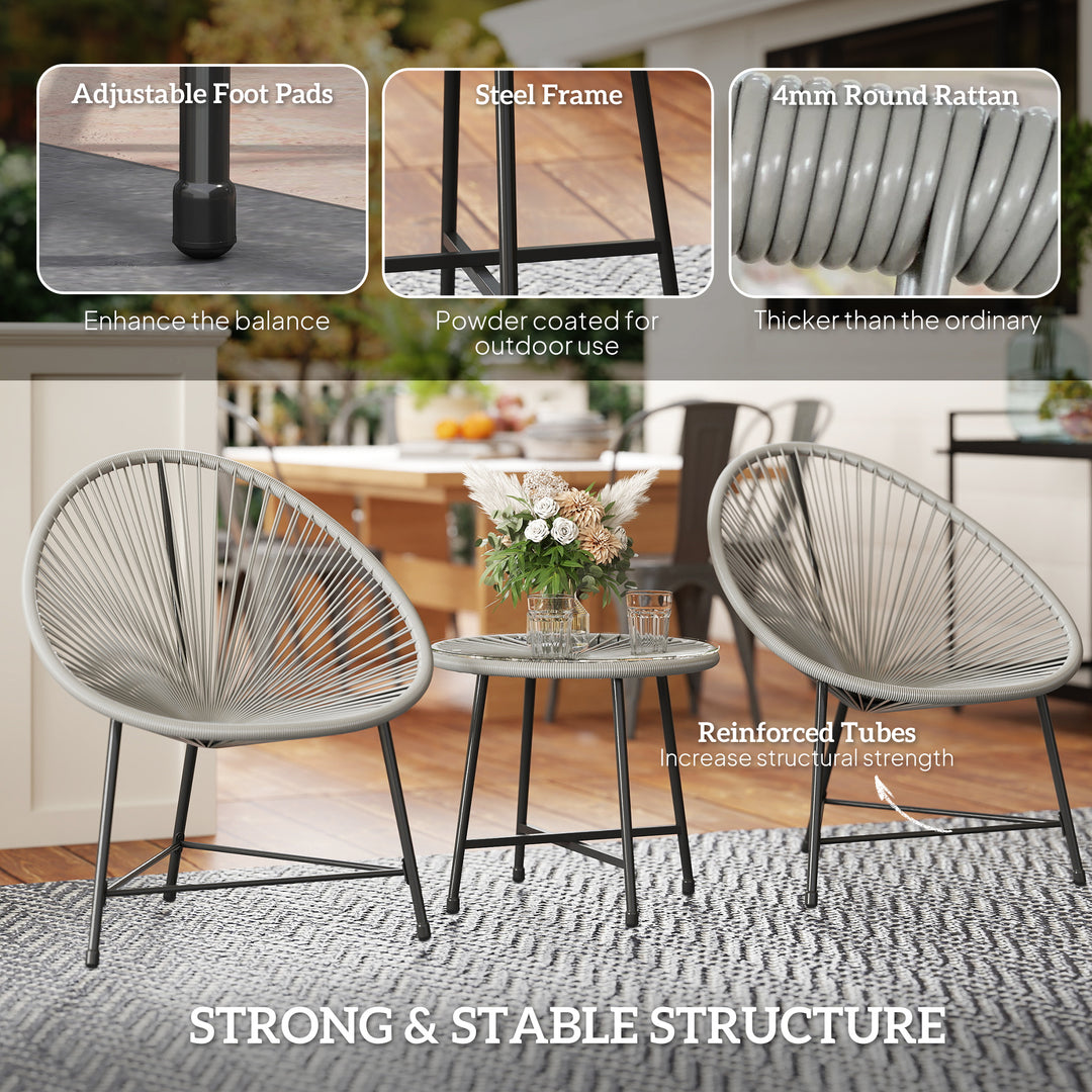 3 Pieces Rattan Bistro Set, Garden Bistro Set with Acapulco Chairs and Glass Top Table, Small Garden Furniture Set with Reinforced Metal Frame for Outdoor, Patio, Balcony, Grey
