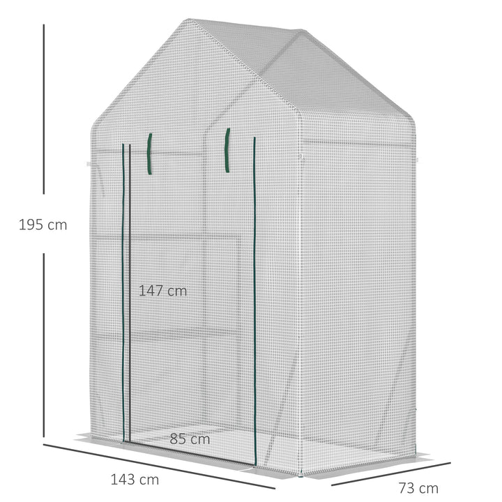 Walk In Greenhouse with 2 Tier Shelf, Portable Gardening Plant Grow House Tomato Greenhouse with Roll up Zip Panel Door, Reinforced PE Cover, 143 x 73 x 195cm, Green