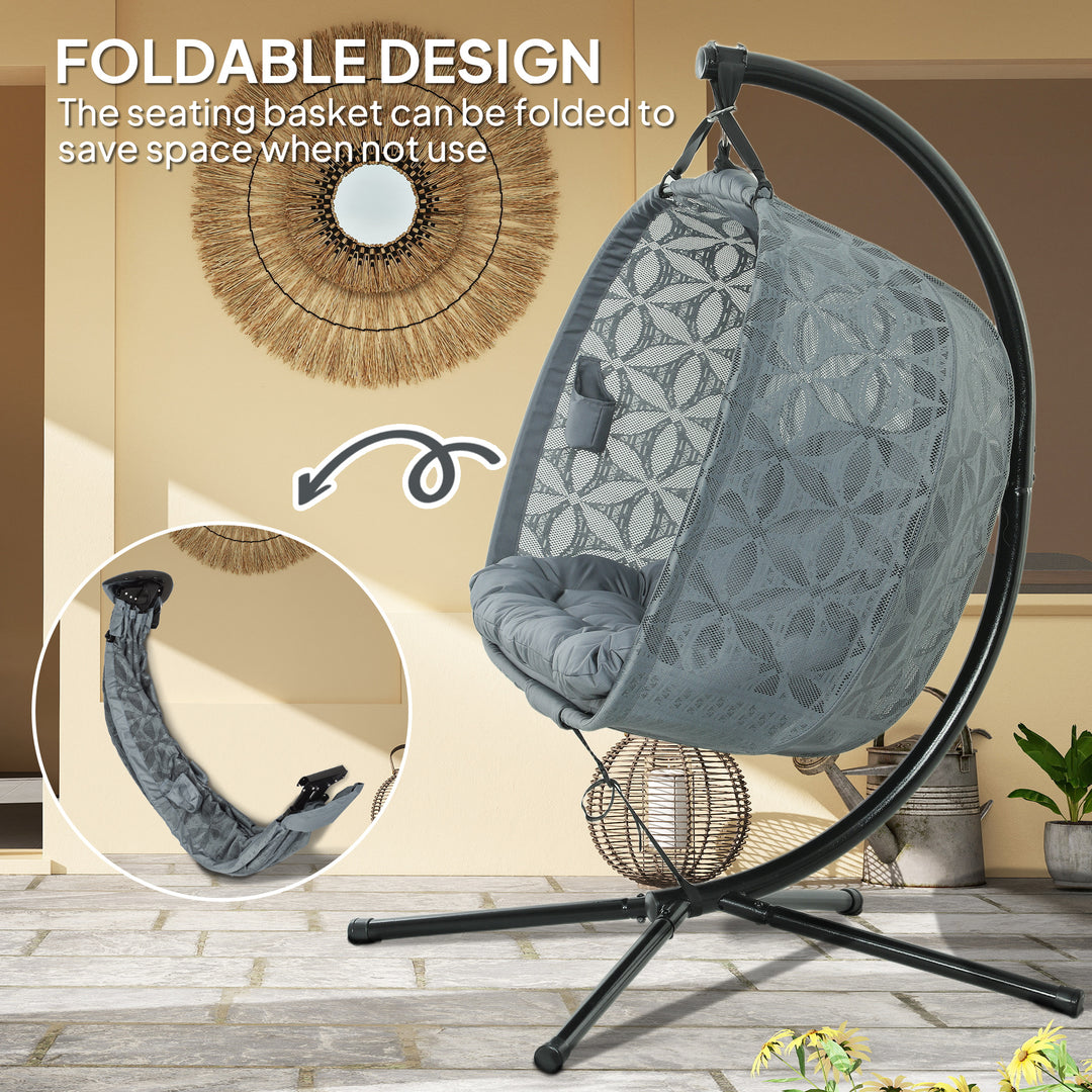 Outdoor Double Hanging Chair with Cushion and Cup Holders, Charcoal Grey