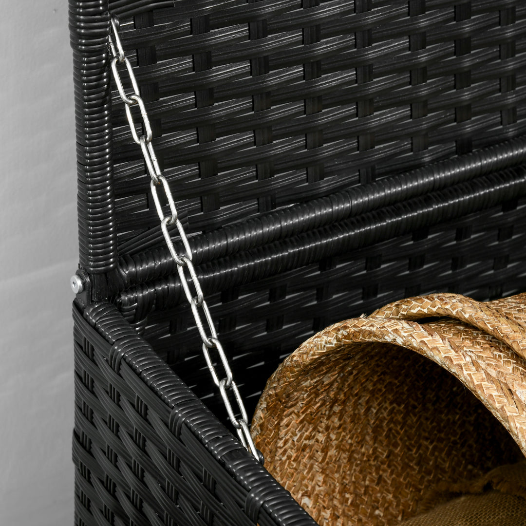 Outsunny Rattan Effect Garden Storage Box, Weatherproof Outdoor Deck Box with Shoe Shelf, Black