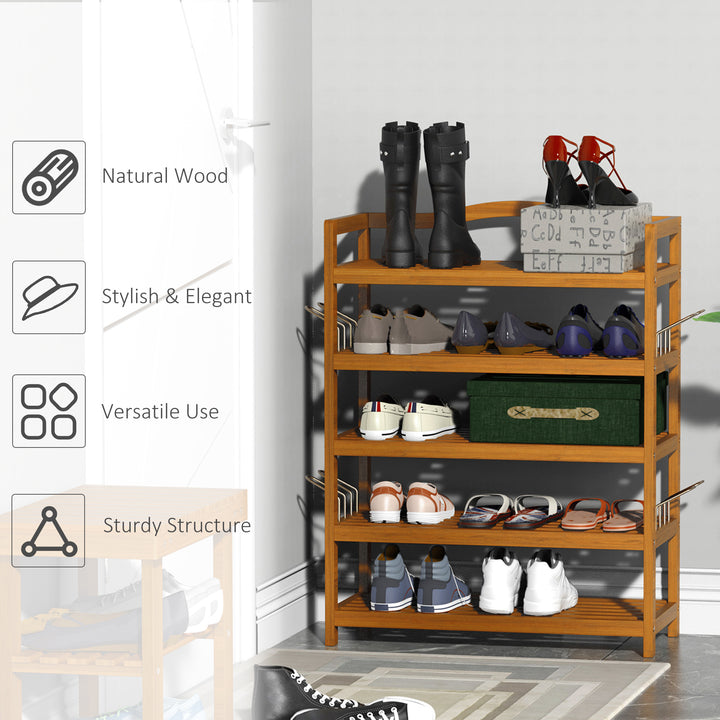 5-Tier Shoe Rack, Acacia Wooden Shoe Storage Organiser with Hangers, Holds up to 19 Pairs, for Entryway, Living Room, 64 x 26 x 82 cm, Teak