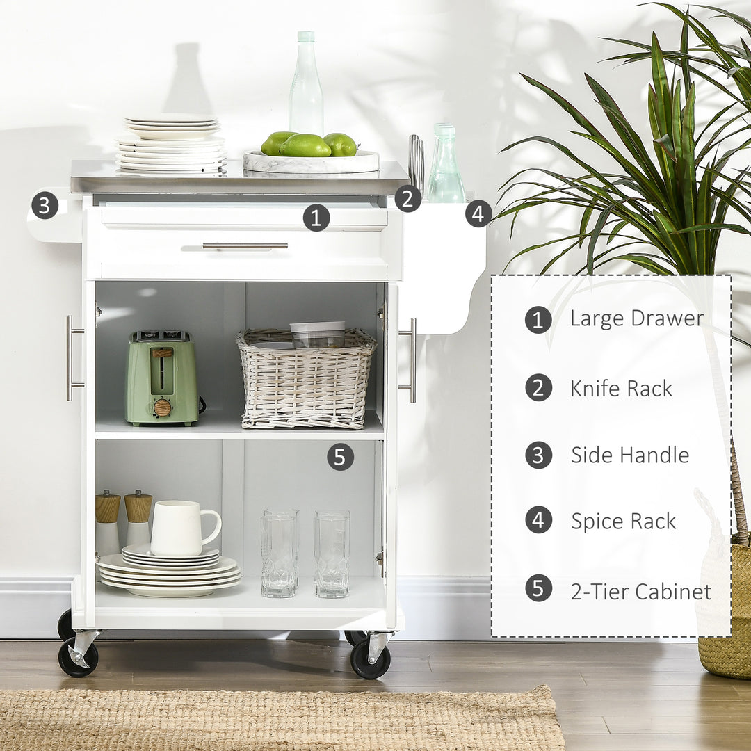 HOMCOM White Wooden Freestanding Kitchen Island on Wheels, Serving Cart Storage Trolley w/ Stainless Steel Top, Drawer, Side Handle & Rack | Aosom UK