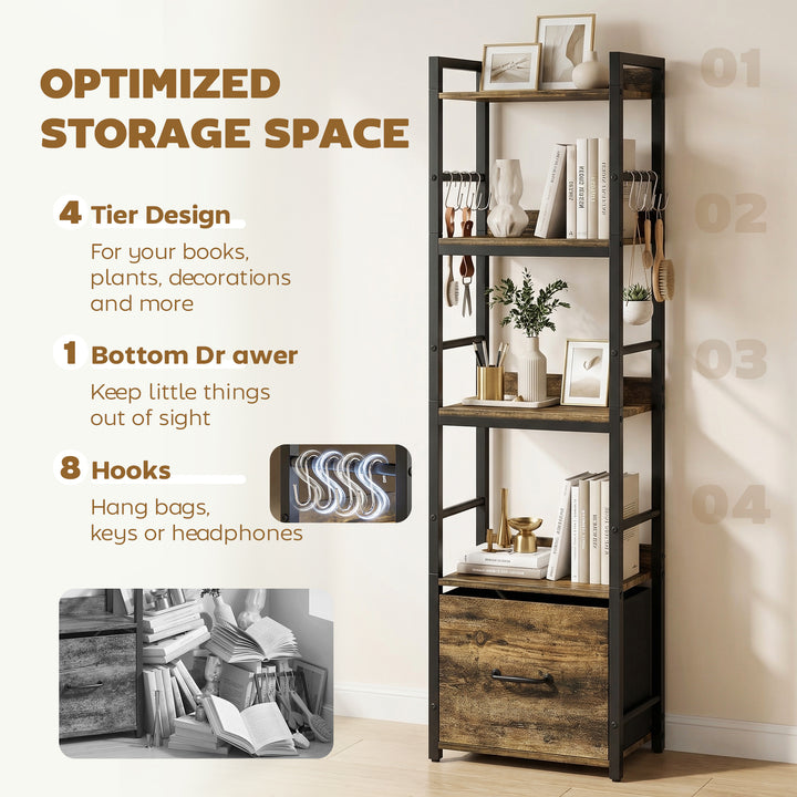 4-Tier Bookshelf, Narrow Bookcase with Drawer, 8 Hooks, Metal Frame, R