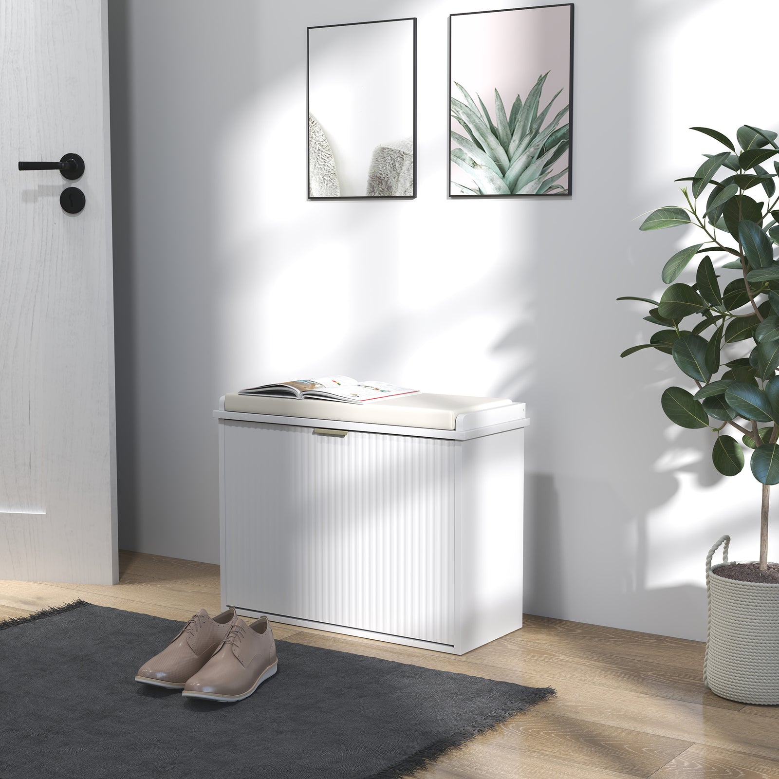 Elegant Six Shoe Bench, with Top Seat - White